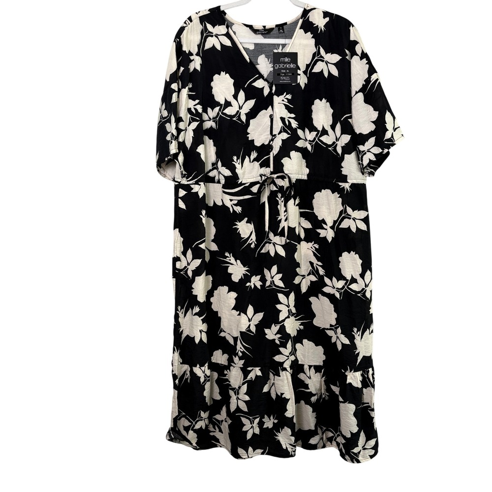 Mlle Gabrielle Midi Dress Women XL Black White Floral V-Neck Short Sleeve NWT